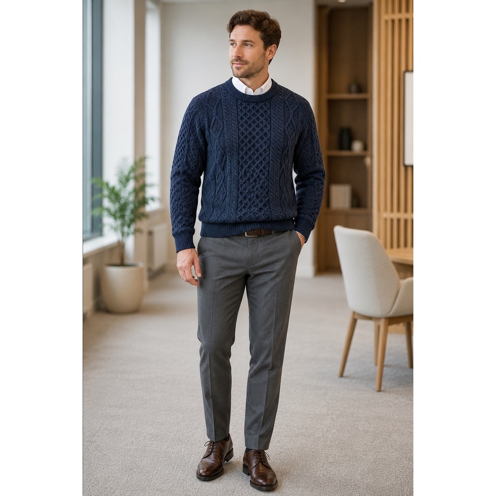 Aran Crafts Ireland Navy Blue 100% Wool Cable Knit Sweater XXL Made in Ireland